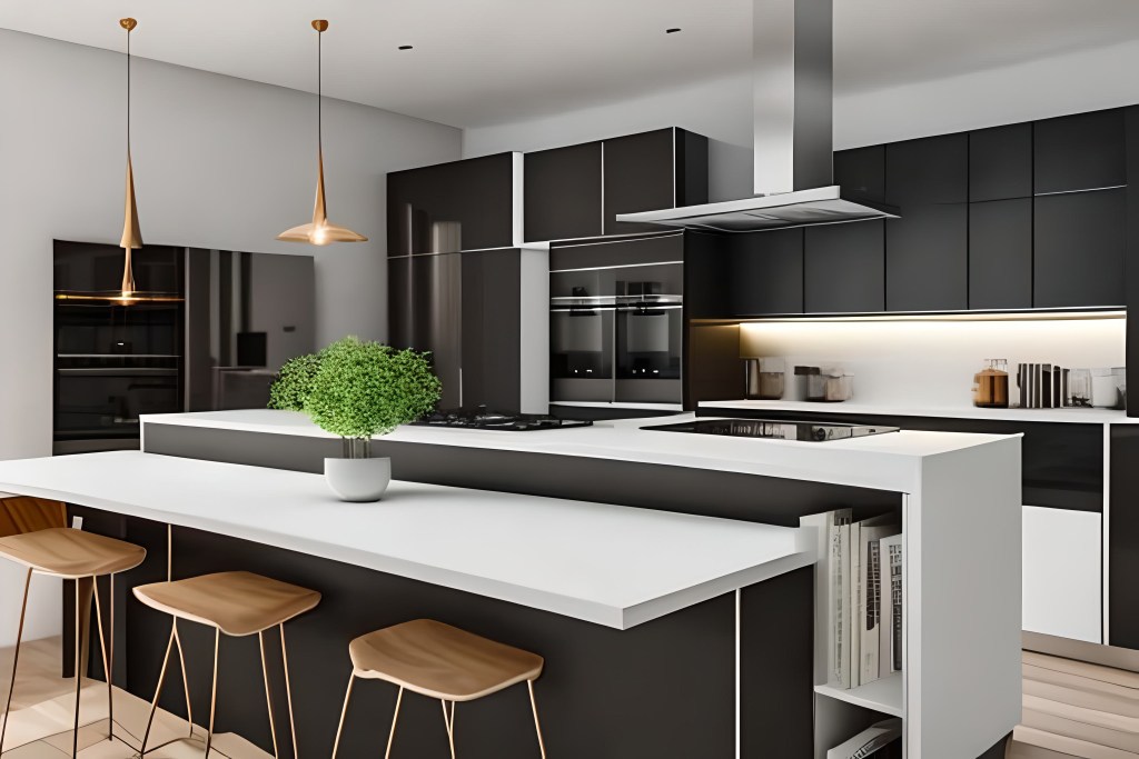 Modern black and white kitchen with stainless steel appliances.