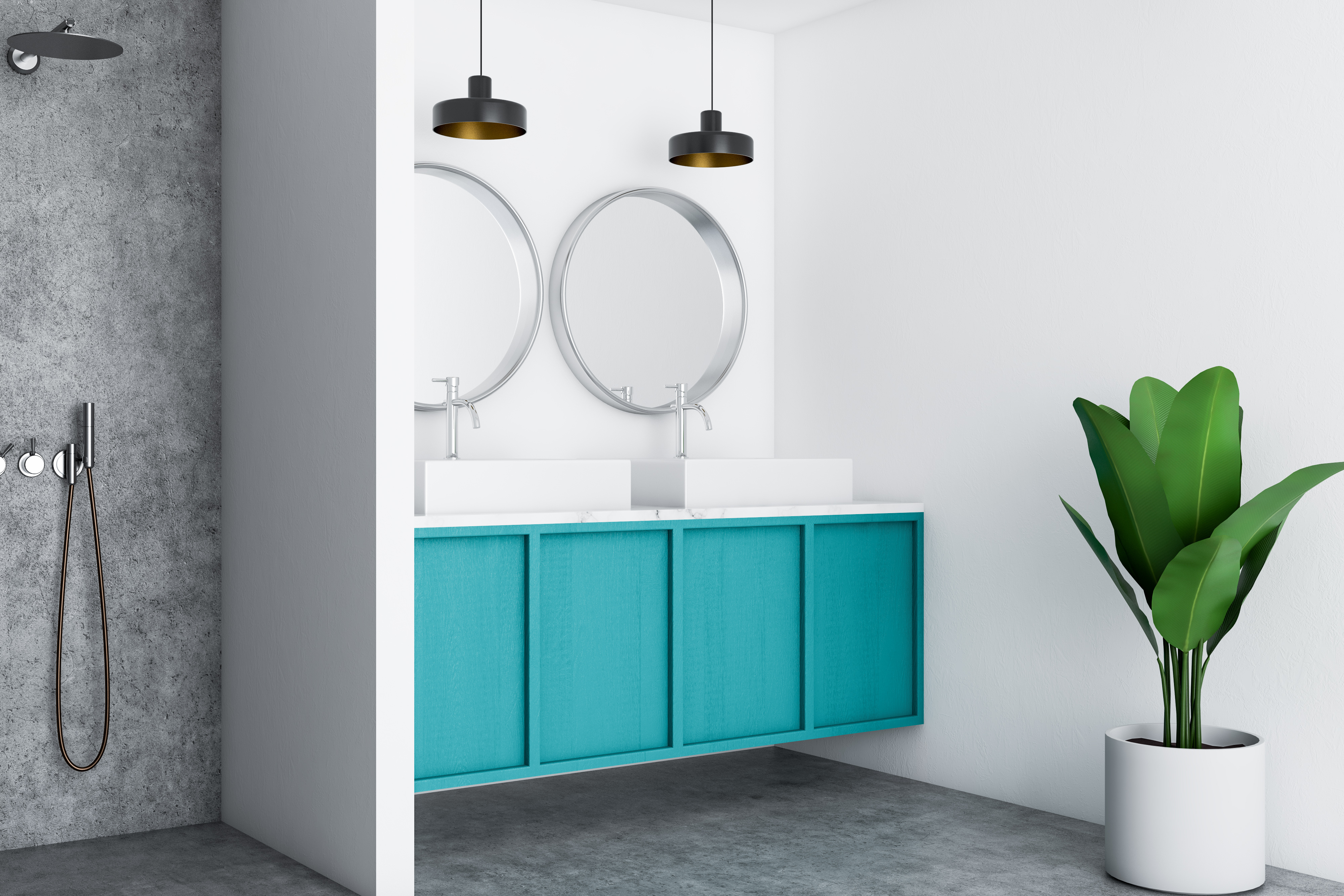 Turquoise wall vanity with round mirrors and walk in shower.