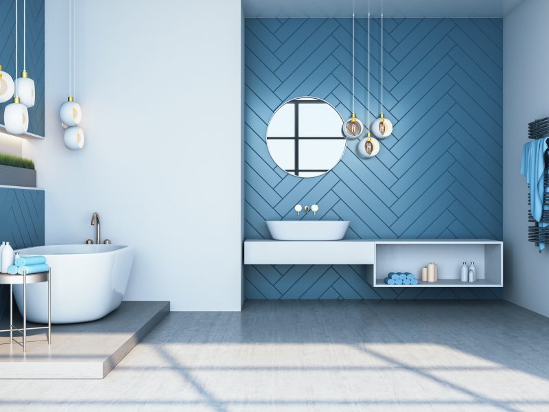 Blue and with bathroom with a touch of elegance.