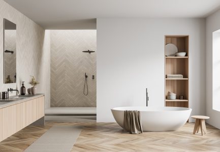 Peaceful bathroom setting with light wood tones and white elements.