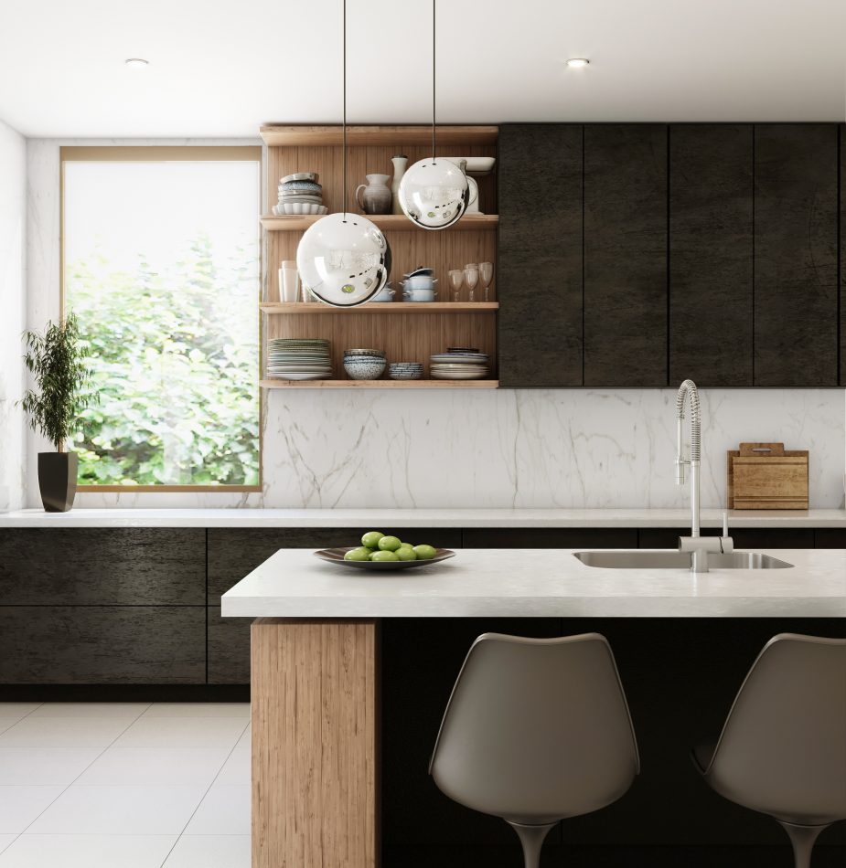 Home remodel and kitchen remodel with black cabinets, natural wood tones, elegant lighting, and good interior design.