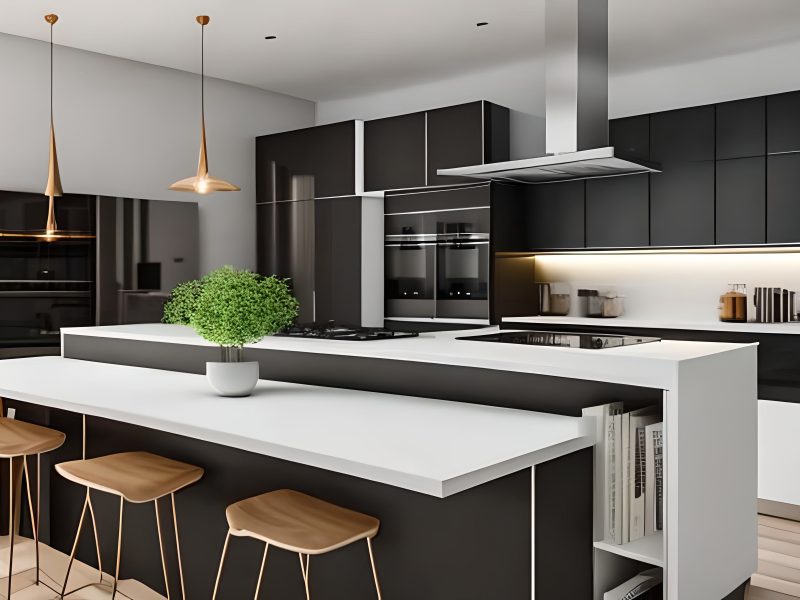 Modern black and white kitchen with stainless steel appliances.
