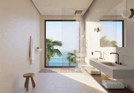 Luxury bathroom with a window overlooking the ocean with palm trees. Bath Remodel