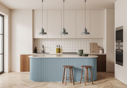 Small kitchen layout with light blue island.